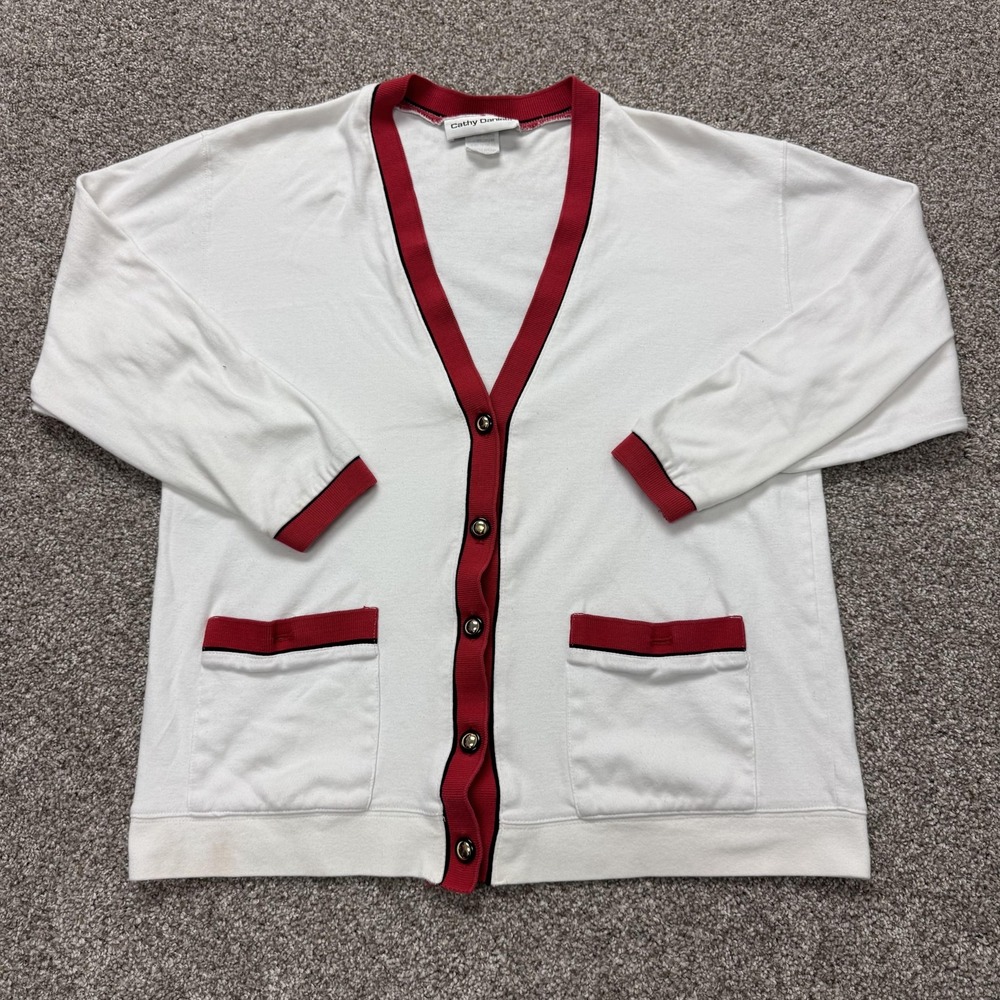 Vintage Cathy Daniels Cardigan Sweater Womens M White Red Button Pockets Knit